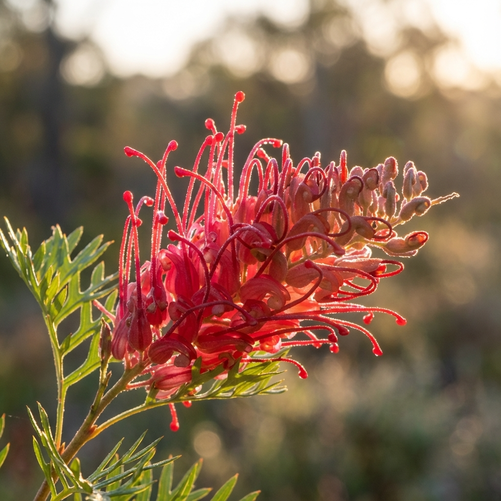 Close-up of Grevillea ‘Little Robyn’, a compact native shrub, displaying its vibrant pink-red flowers with sunlight filtering through, set against a softly blurred natural background.