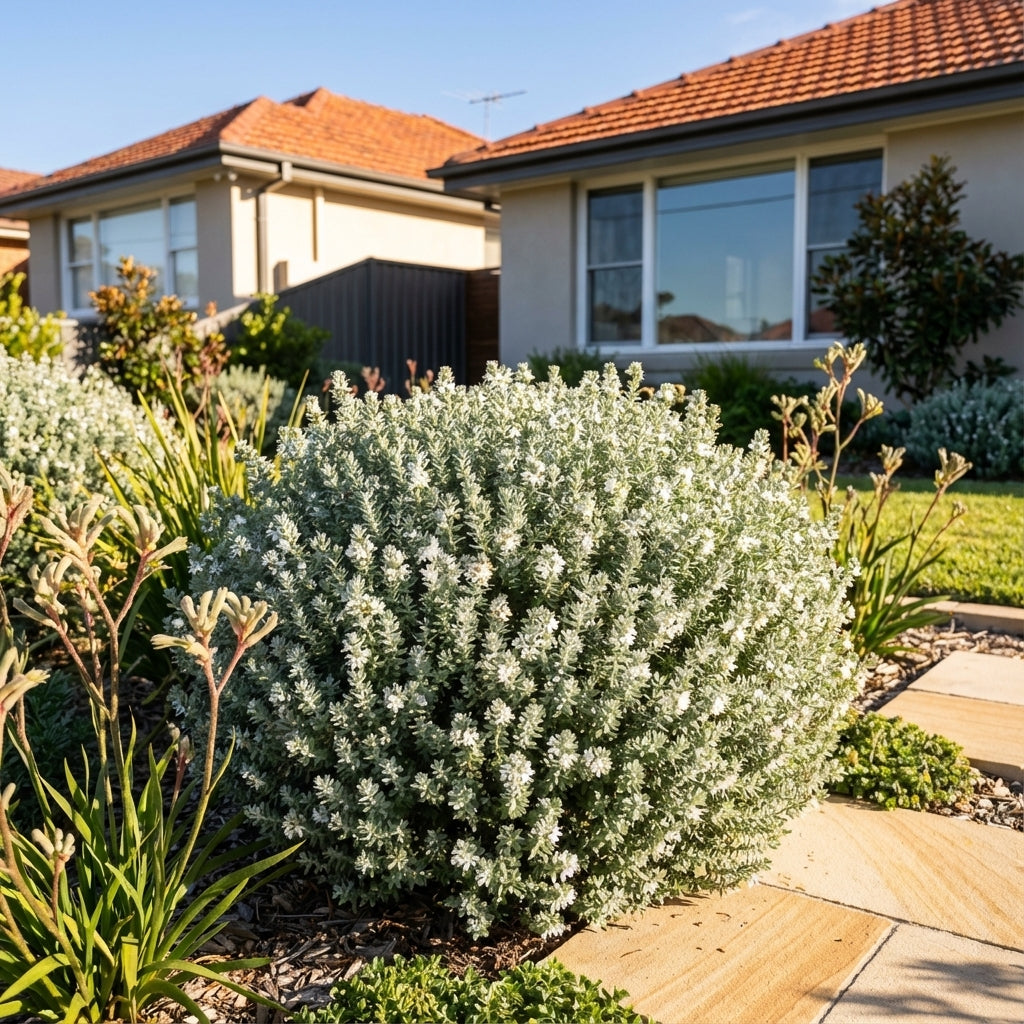 Grey Box Coastal Rosemary - Westringia fruticosa ‘Grey Box’ is a compact, bushy Australian native shrub with silvery-green foliage, ideal for landscaping front yards near homes.