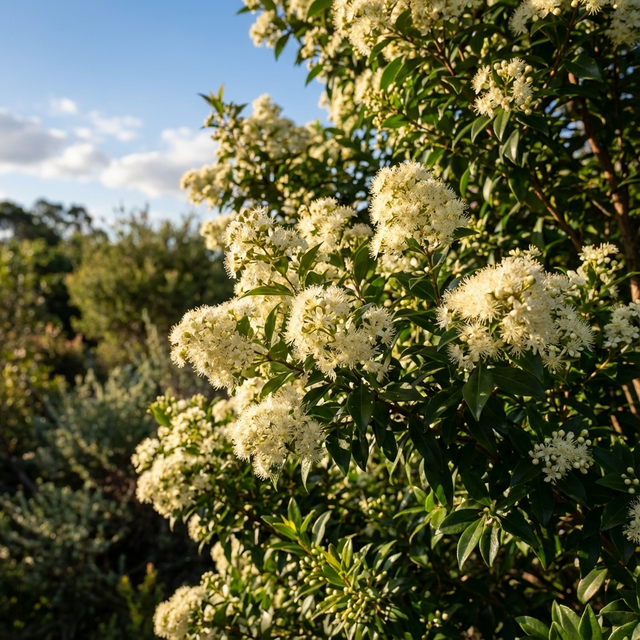 Clusters of small white flowers bloom on a leafy Grey Myrtle - Backhousia myrtifolia, an attractive Australian native shrub, beneath a sunny sky with scattered clouds.