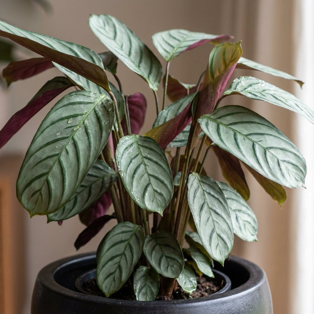 A Grey Star Ctenanthe (Ctenanthe setosa 'Grey Star'), an air-purifying indoor plant with striking green leaves and purple undersides, perfect for placing near natural light.