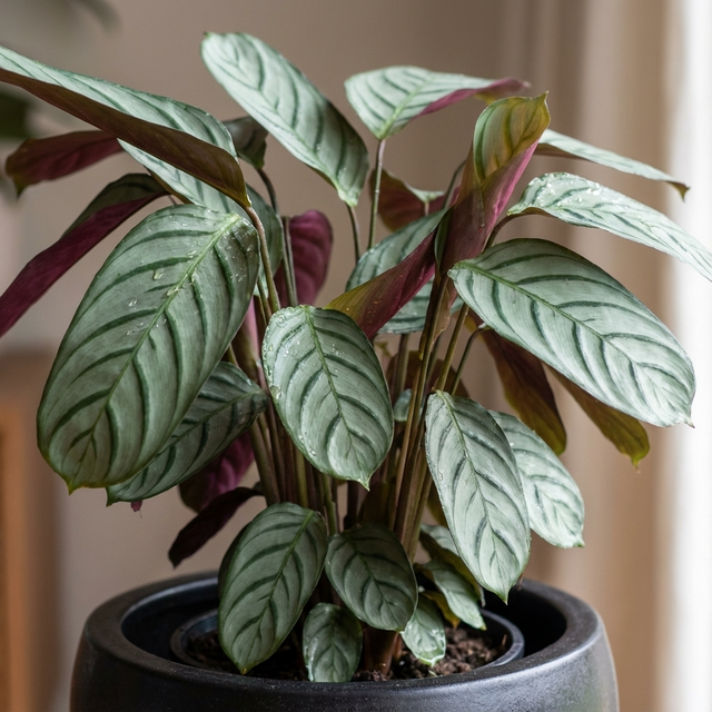 A Grey Star Ctenanthe (Ctenanthe setosa 'Grey Star'), an air-purifying indoor plant with striking green leaves and purple undersides, perfect for placing near natural light.