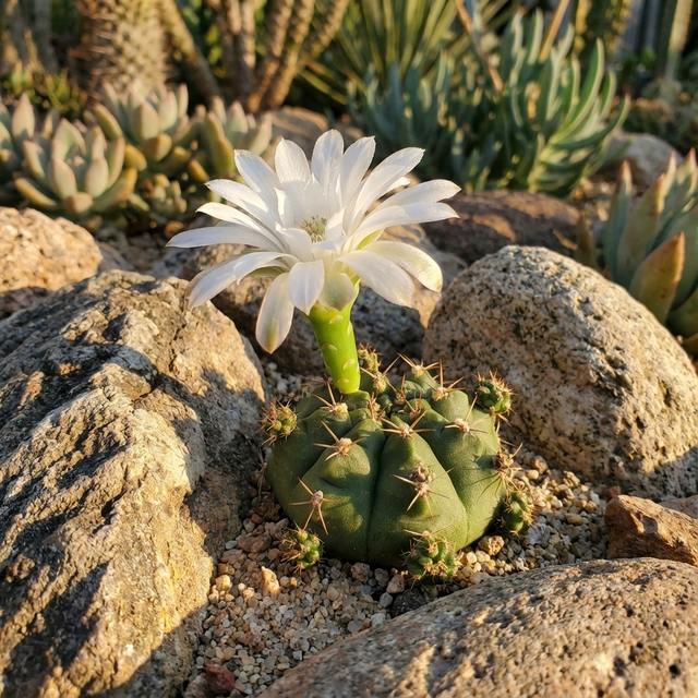 A compact Gym Ball Chin Cactus (Gymnocalycium damsii), a low-maintenance plant, shows off a single large white bloom among rocks and succulents in sunlight.