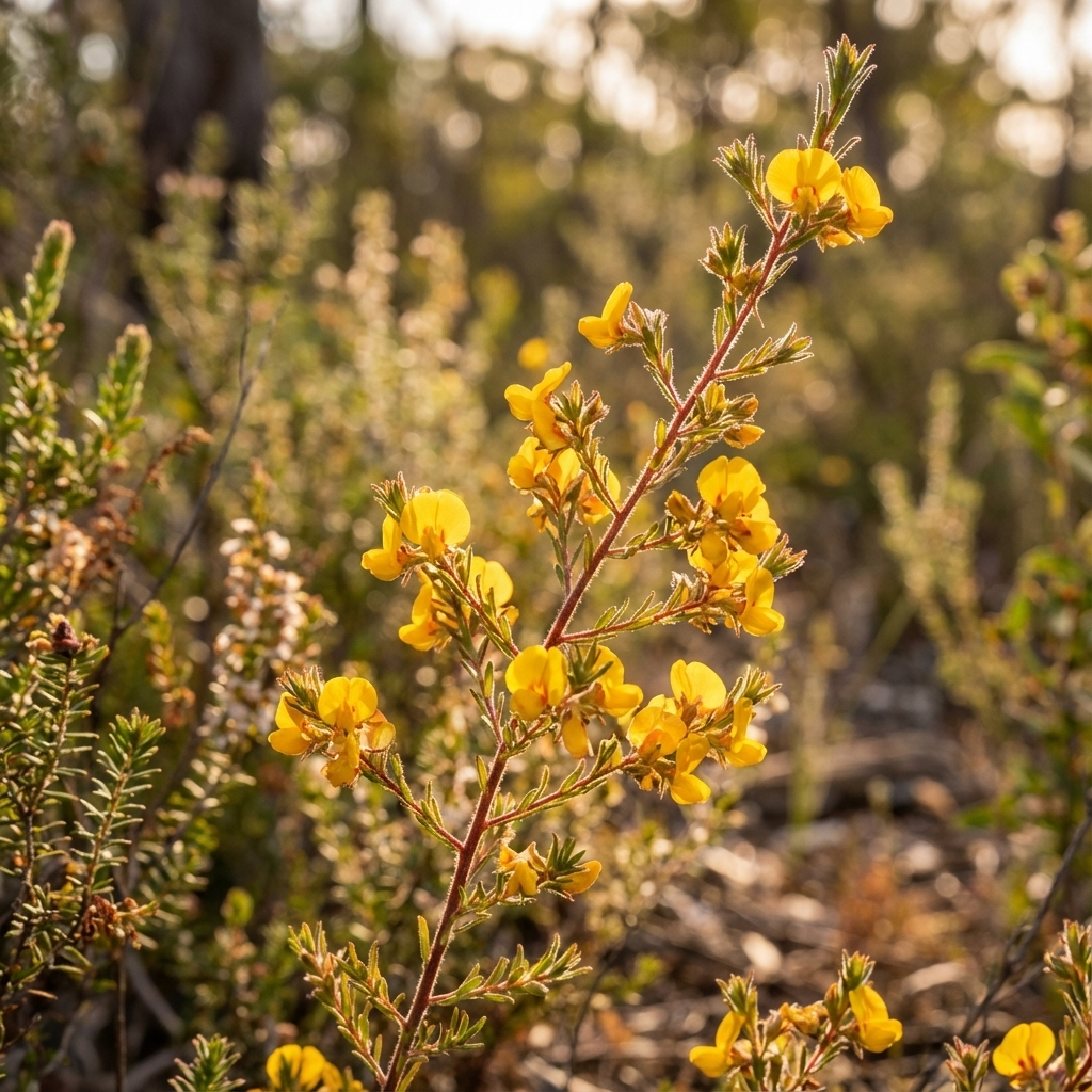 A close-up of the pollinator-friendly Hairy Bush Pea (Pultenaea villosa), a yellow wildflower blooming in sunlit natural bushland.