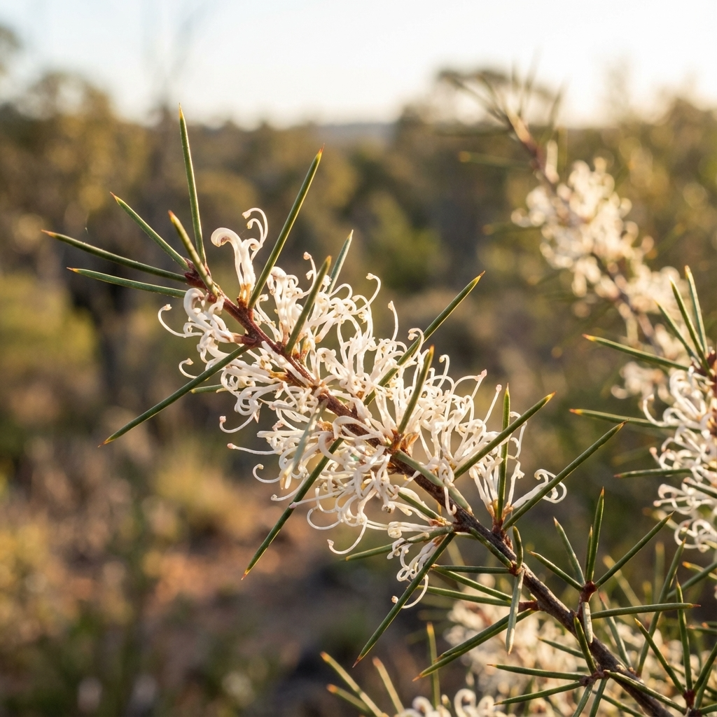 A close-up of Beaked Hakea (Hakea rostrata) flowers blooming on a spiky green branch in sunlight, with a blurred background—an Australian native shrub valued for its drought tolerance.