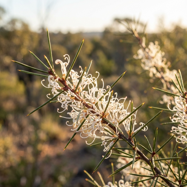 A close-up of Beaked Hakea (Hakea rostrata) flowers blooming on a spiky green branch in sunlight, with a blurred background—an Australian native shrub valued for its drought tolerance.