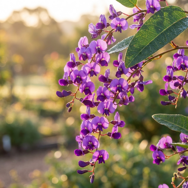 Close-up of lilac-purple pea flowers and green leaves of Hardenbergia Lilac Lace (Hardenbergia violacea ‘Lilac Lace’), a native Australian climber, against a sunlit, blurred garden background.