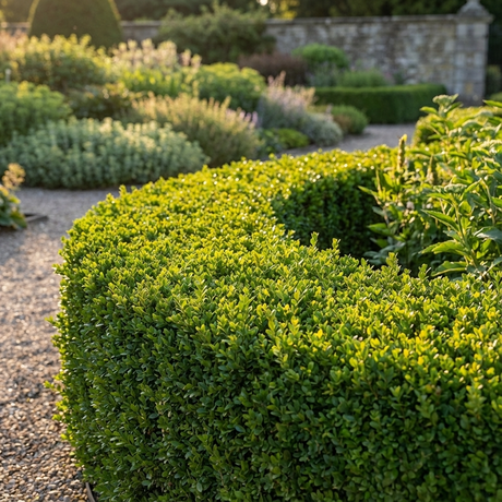 A sunlit Harland Boxwood (Buxus harlandii) hedge, neatly trimmed, curves elegantly along a gravel path in a lush, formal garden.