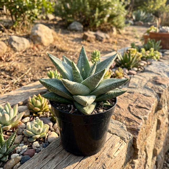 A potted Savanna Haworthia - Haworthia 'Savanna', a charming low-maintenance succulent, rests on a stone ledge outdoors among other small succulents and rocks.