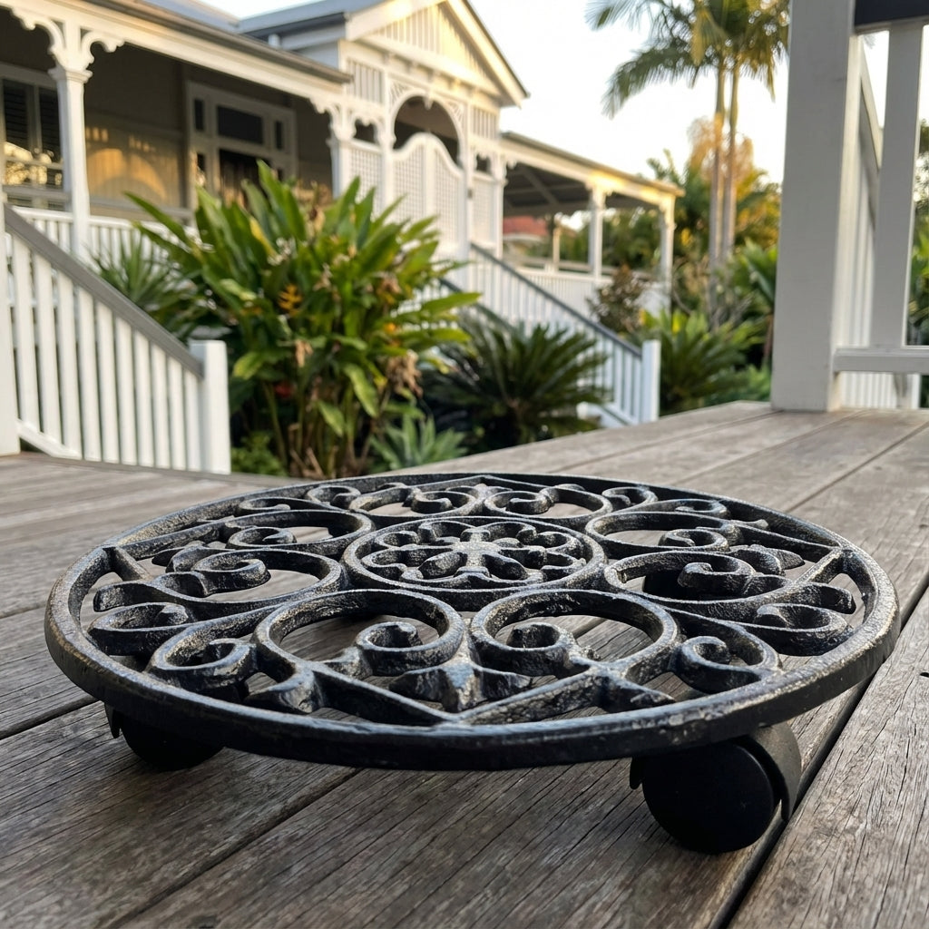 An Adjustable Window Box Planter sits on a decorative metal stand on a wooden deck, with a house and lush garden in the background.
