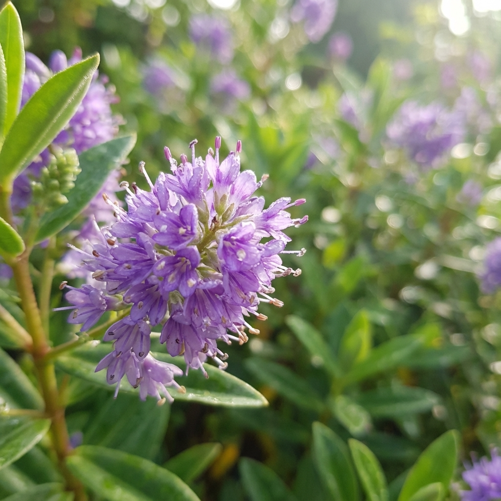 Close-up of Hebe Elegance Blue - Hebe hybrid ‘Elegance Blue’, an evergreen shrub, highlighting its blue-violet flowers and green leaves with a softly blurred sunlit background.