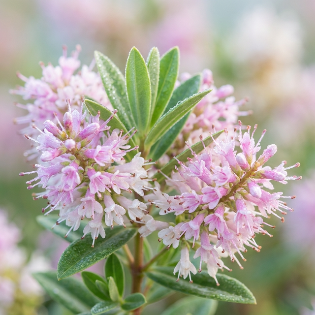 Close-up of Hebe Icing Sugar (Hebe hybrid ‘Icing Sugar’), an evergreen shrub with pink-and-white flowers and dewy green leaves, set against a softly blurred background.