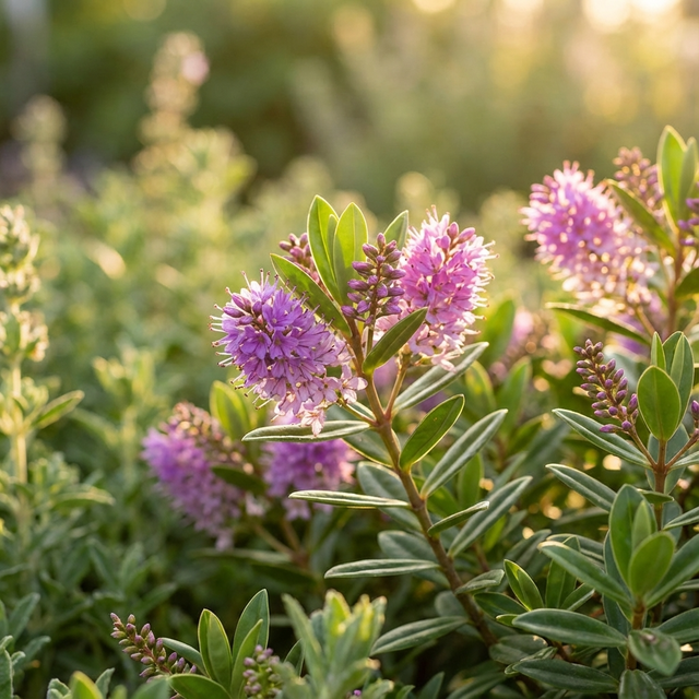 Purple flower spikes of Hebe Inspiration (Hebe hybrid ‘Inspiration’) bloom among green leaves, basking in warm garden sunlight.