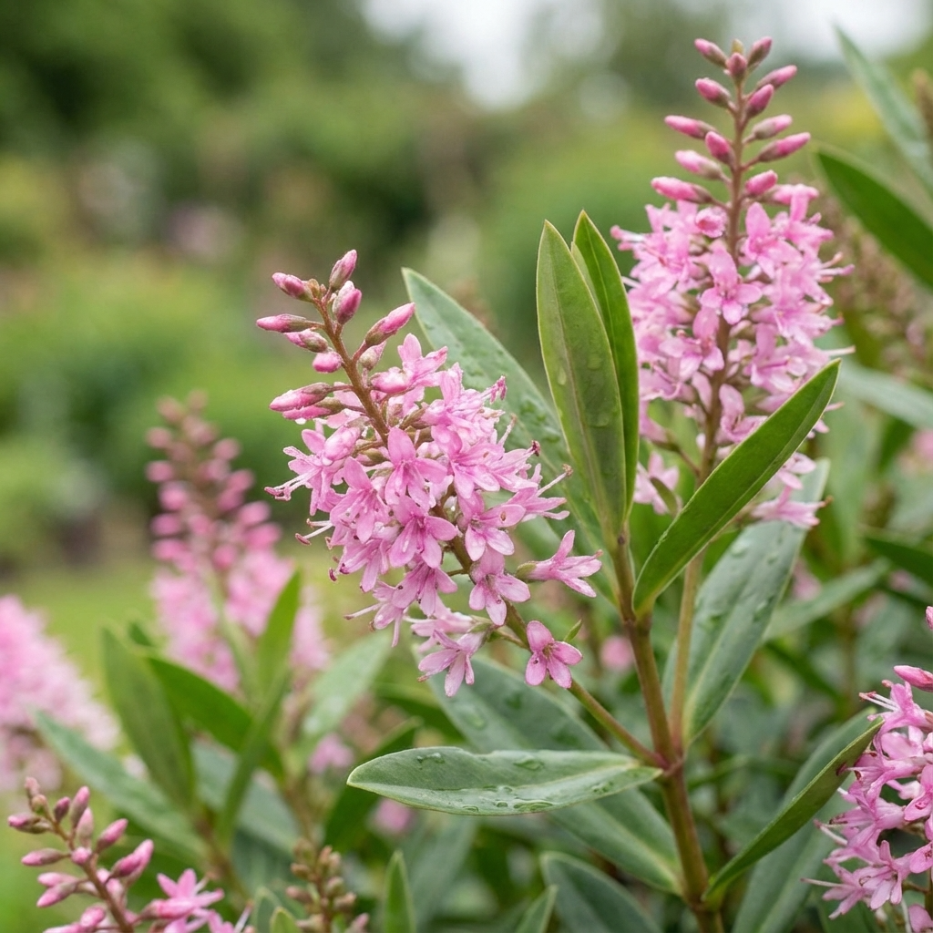 Pink flower spikes of the Hebe Marie Antoinette - Hebe hybrid ‘Marie Antoinette’, an evergreen shrub, stand out among green leaves with blurred garden greenery in the background.