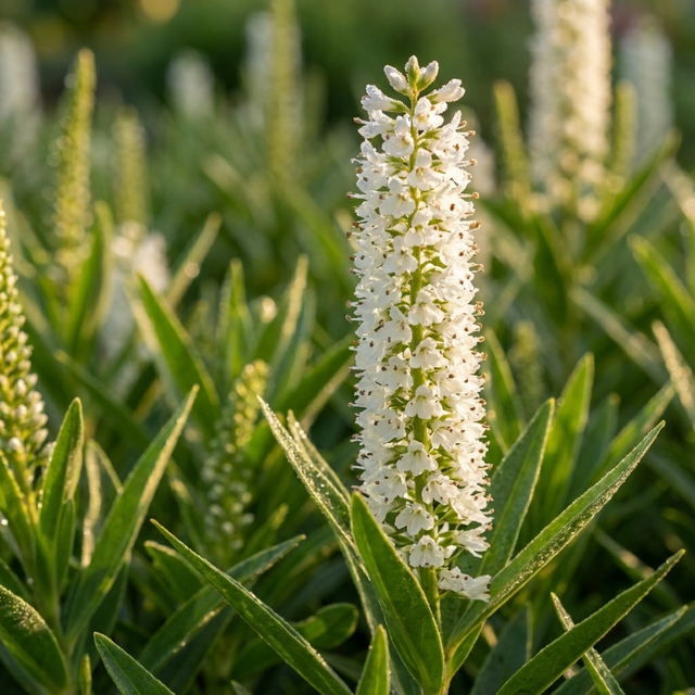 A tall spike of small white flowers rises among green leaves on the evergreen Hebe Snowdrift (Hebe hybrid ‘Snowdrift’), sunlit in a garden.