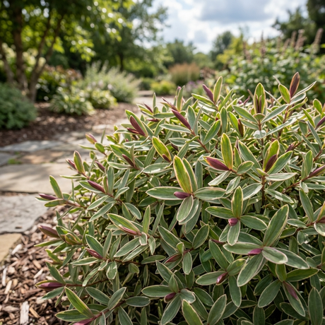 A close-up of Hebe hybrid ‘Annie’s Winter Wonder’, an evergreen shrub with variegated foliage and purple buds, showcased in a landscaped garden beneath a partly cloudy sky.