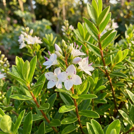 Small white flowers with pale purple stamens adorn the evergreen Hebe diosmifolia, nestled among lush green leaves and sunlit lilac flower spikes in the garden.