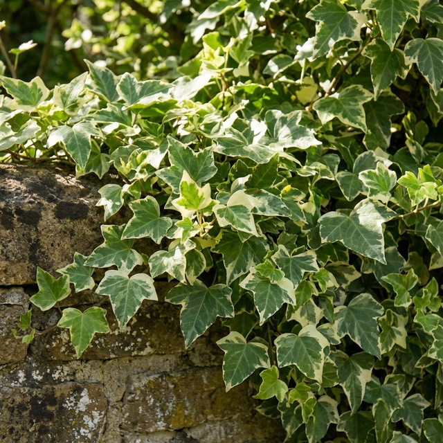 Variegated Ivy - Hedera ‘White Diamond’ climbs over a stone wall in bright sunlight, bringing timeless charm and easy care as a houseplant indoors or outdoors.