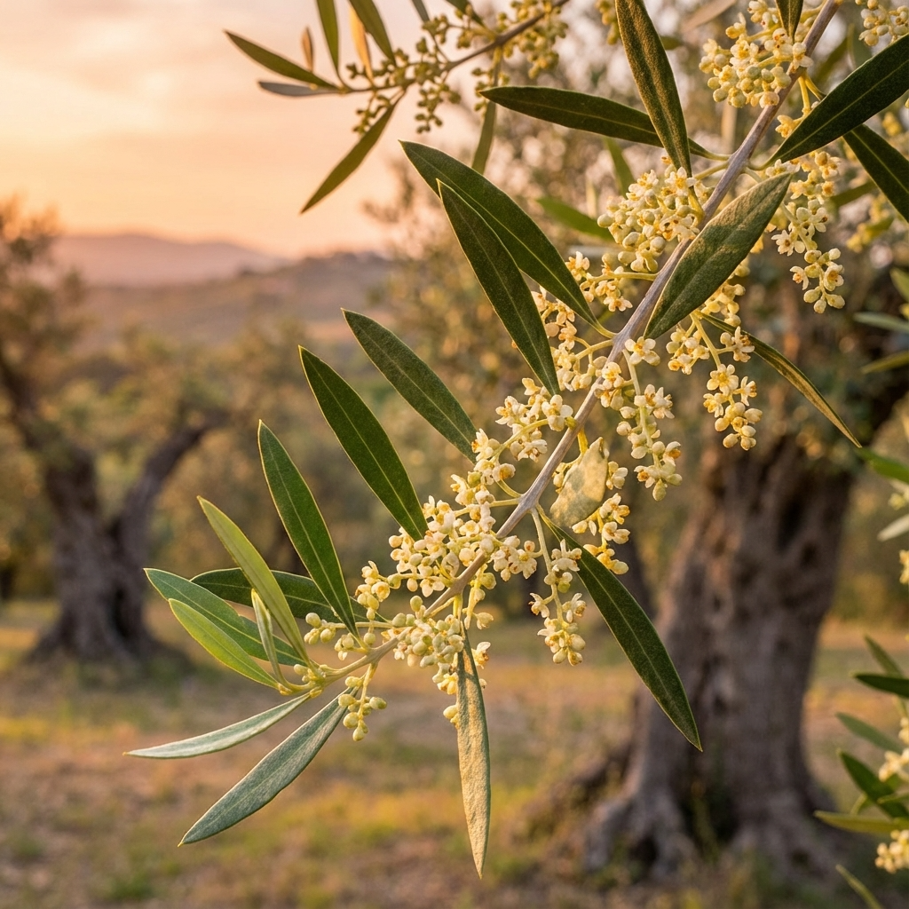 Close-up of Helena Olive Tree - Olea europaea 'Helena' branches with small yellow flowers, framed by fruiting olive trees at sunset. This drought-tolerant tree thrives in arid landscapes.