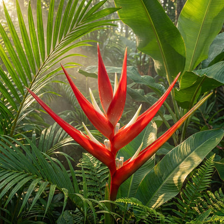 Heliconia papsiana - Heliconia papsiana features striking red pointed bracts that stand out among green tropical foliage in sunlight, making this rare ornamental a stunning addition to any tropical garden.