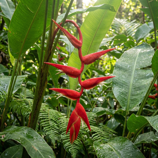 Heliconia pendula 'Bright Red' features vivid red bracts that hang elegantly among lush green leaves in a tropical setting.