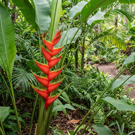 Heliconia pendula 'Red Waxy' displays vivid red waxy bracts amid lush green tropical foliage, perfect for adding striking color to your garden.
