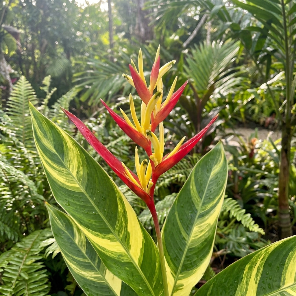 Heliconia psittacorum 'Lady Di' features bird-shaped red and yellow bracts amid lush green foliage, adding a tropical touch to any garden.