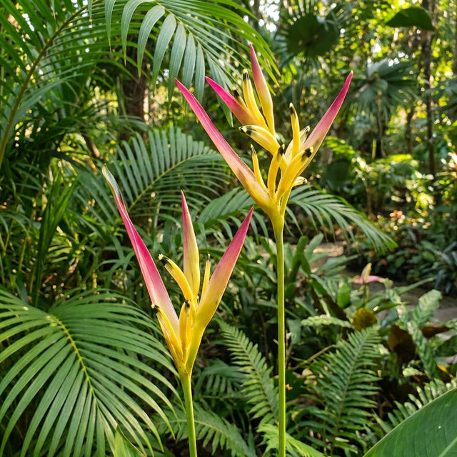 Two striking Heliconia psittacorum 'Parakeet' flowers in yellow and pink stand out among lush green tropical foliage.