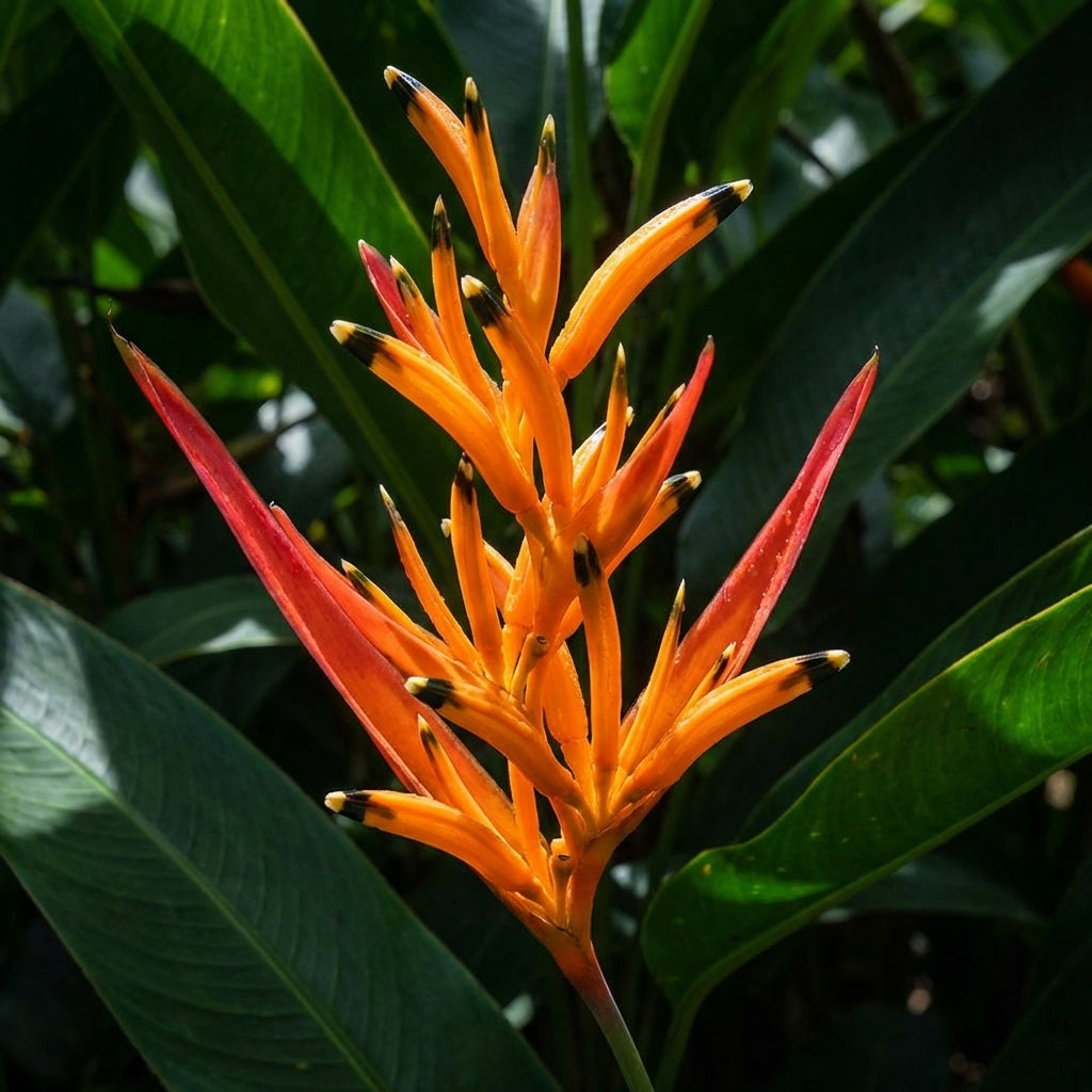 The bright orange and red Heliconia psittacorum 'Petranova' features pointed petals and is a compact tropical flowering plant with large green leaves.