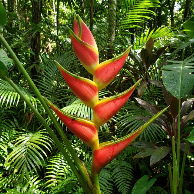 Heliconia psittacorum ‘St Vincent Red’ features bright red, waxy bracts that stand out in tropical green surroundings, making this compact heliconia a striking flower for lush gardens.