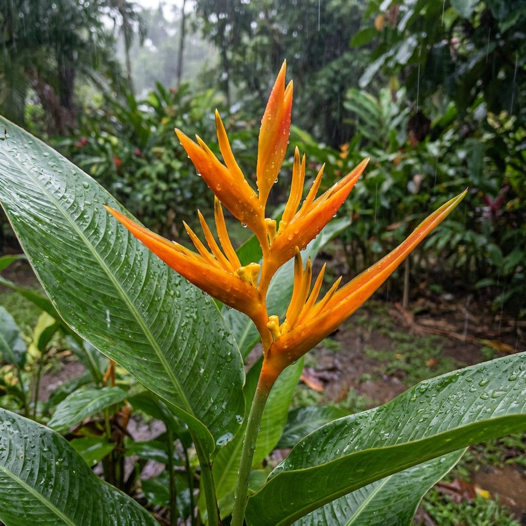 Heliconia psittacorum x spathocircinata African Dawn boasts vibrant orange, bird-like blooms with water droplets and lush green leaves—ideal as a tropical privacy screen for your garden.