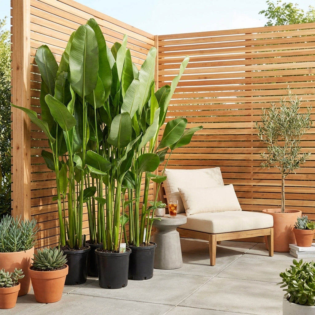 Outdoor patio with tall potted plants, succulents, Heliconia rauliniana - Heliconia rauliniana, a wooden lounge chair, and a wooden slat privacy screen for tropical garden charm.