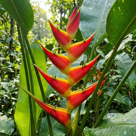 The vibrant red and yellow bracts of Heliconia stricta 'Royal Tagami' stand out among lush green foliage, making this striking Heliconia stricta a captivating addition to any tropical garden.
