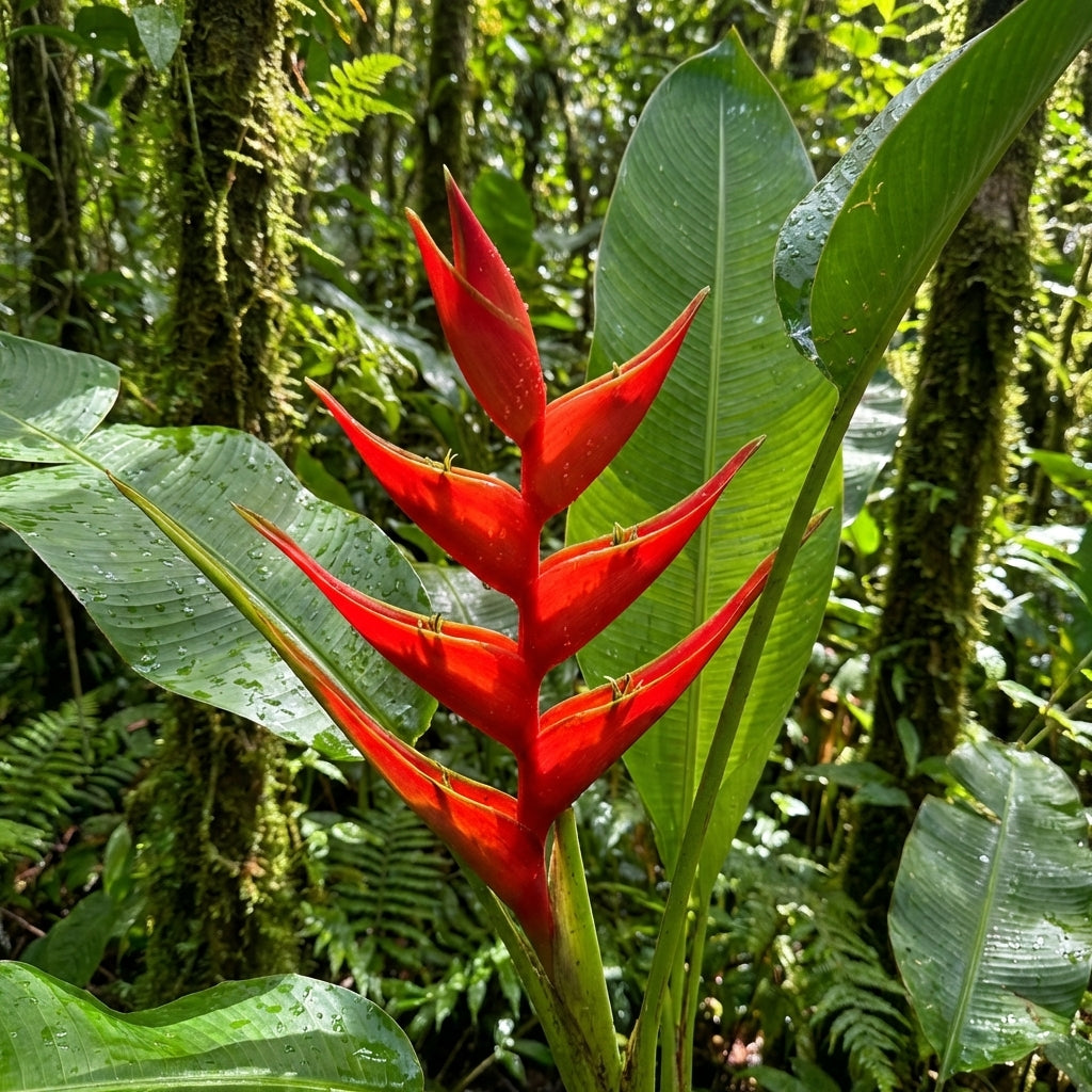 The vivid Heliconia stricta ‘Bucky’ features pointed red bracts that stand out in any tropical garden, making it a striking choice for plant collectors.