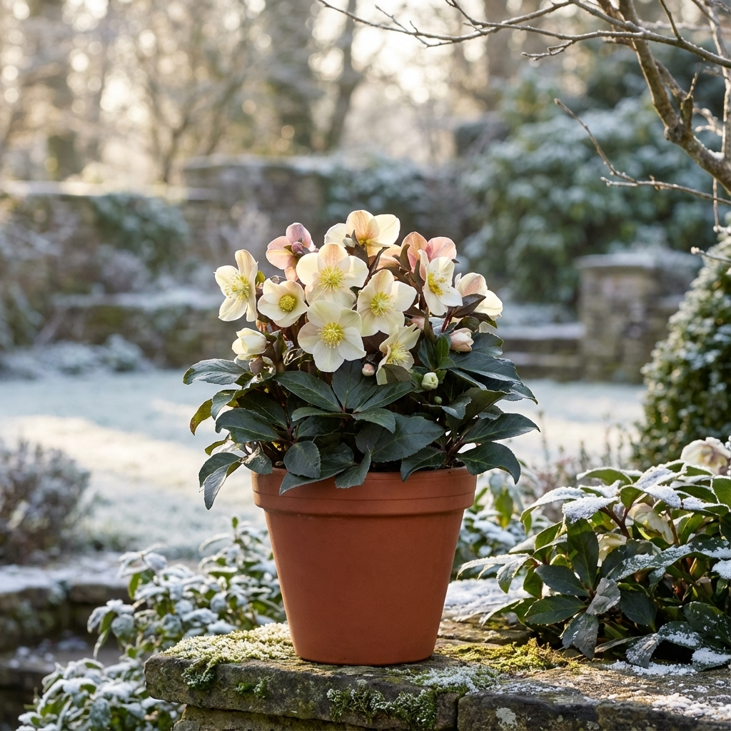 Winter Rose - Hellebore ‘Cinnamon Snow’ displays its elegant pale blooms on a stone ledge in a frosty garden, highlighting the unique beauty of this shade-loving perennial.