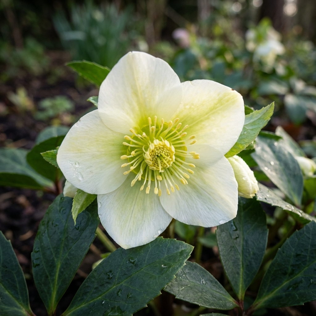 A close-up of the Winter Rose - Hellebore HGC ‘Marlon’, a winter-blooming perennial, showing its green leaves in a garden setting.