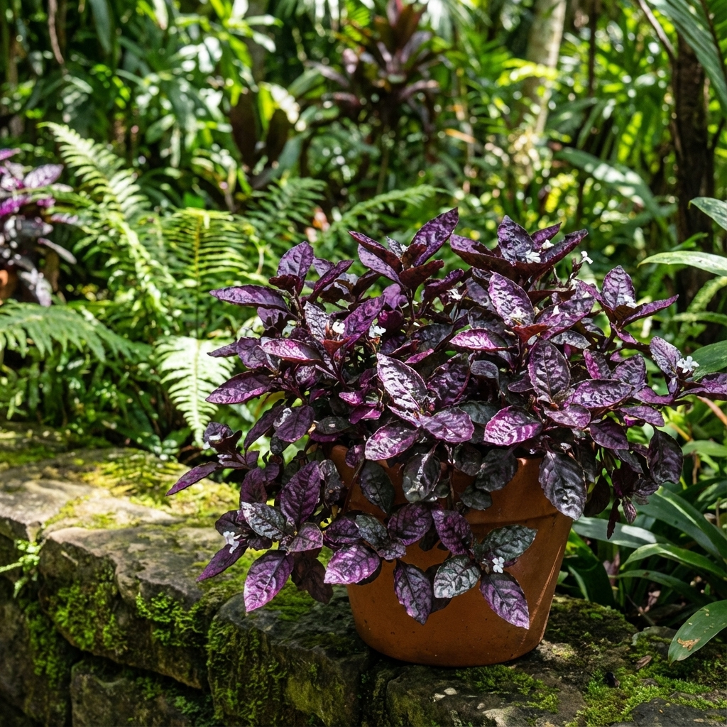 Purple Waffle Plant (Hemigraphis alternata) with dark leaves rests on a stone ledge, surrounded by green foliage—a beautiful, air-purifying addition to any indoor or outdoor space.