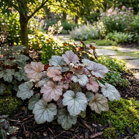 Coral Bells - Heuchera ‘Silver Gumdrop’ adds impact to shaded, mulched gardens with its distinctive silver-green foliage beside stone paths and vibrant greenery.