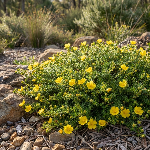 Hibbertia 'Little Rocker' is a green shrub with bright yellow flowers, perfect for growing among rocks and gravel in sunny gardens as an attractive native groundcover.