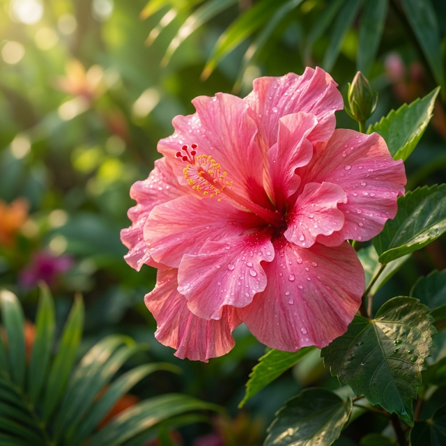 The Mrs George Davis Hibiscus (Hibiscus rosa sinensis 'Mrs George Davis') displays pink blooms with dew drops, surrounded by evergreen foliage and bathed in sunlight.