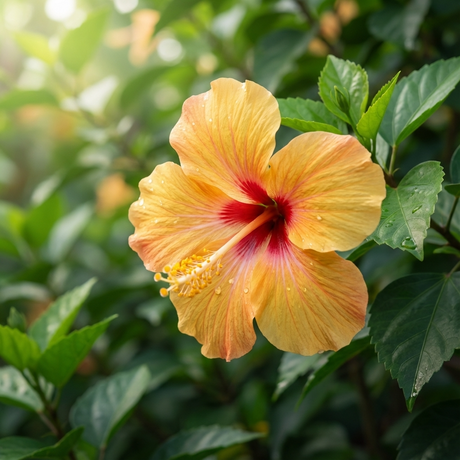 A vibrant yellow Popsicle Hibiscus (Hibiscus Lollipops x Hibiscus brucei 'Popsicle') with a red center blooms among green leaves in sunlight, highlighting the beauty of this compact tropical plant.