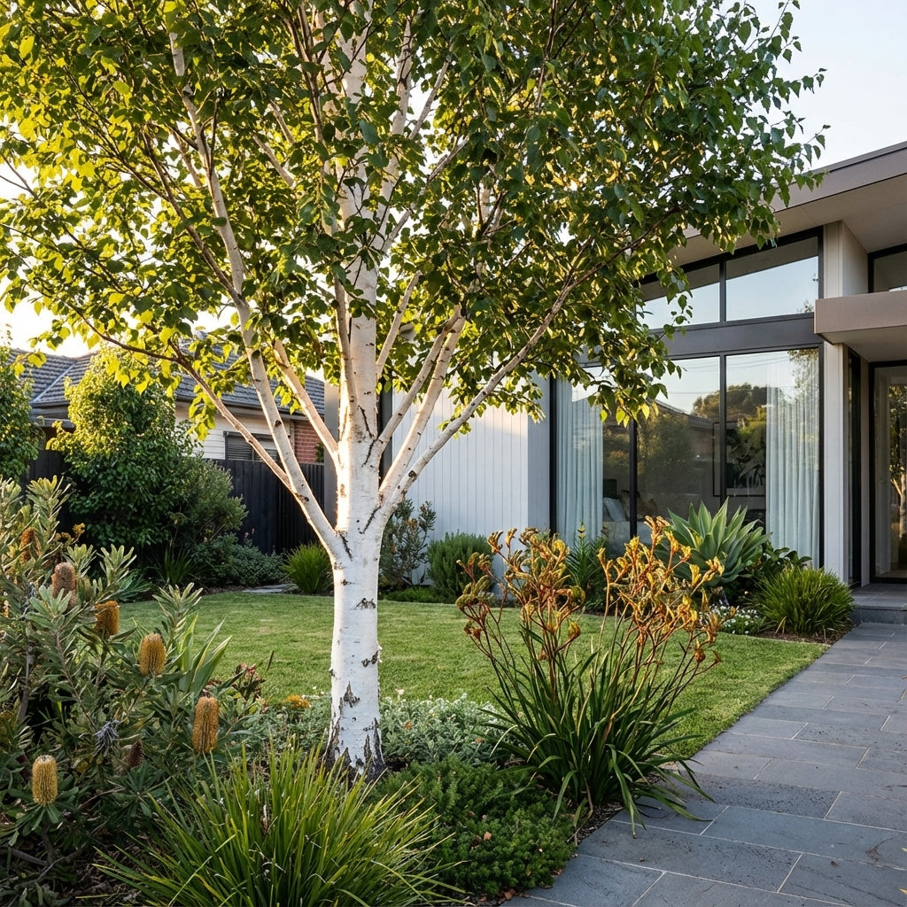 Modern house with large windows, a feature Himalayan Birch - Betula utilis var. jacquemontii boasting striking white bark, and lush garden plants lining a stone walkway in the yard.