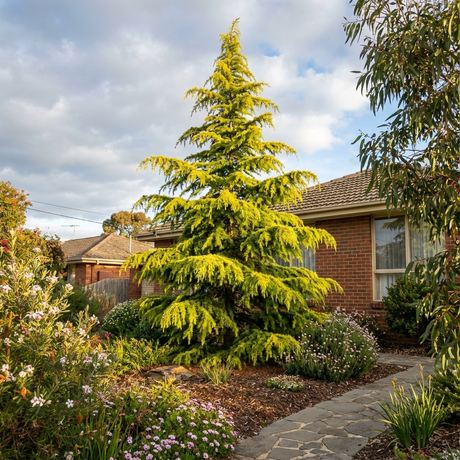 A Himalayan Cedar - Cedrus deodara, a striking evergreen conifer, stands in a garden beside a brick house with flower beds and a stone path.