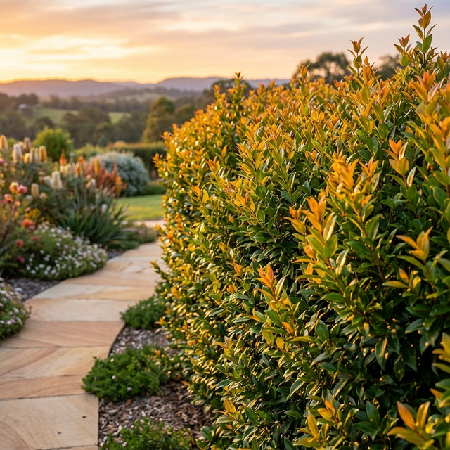 Curved stone path with lush green bushes, featuring Hinterland Gold Lilly Pilly (Syzygium australe 'Hinterland Gold') as a privacy hedge in a sunset garden, with fields and hills in the background.