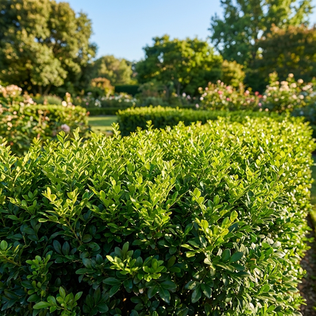 A Hip High Murraya - Murraya paniculata 'Hip High' forms a neatly trimmed, compact hedge in a sunny garden with trees and flowers—a perfect low-maintenance choice.