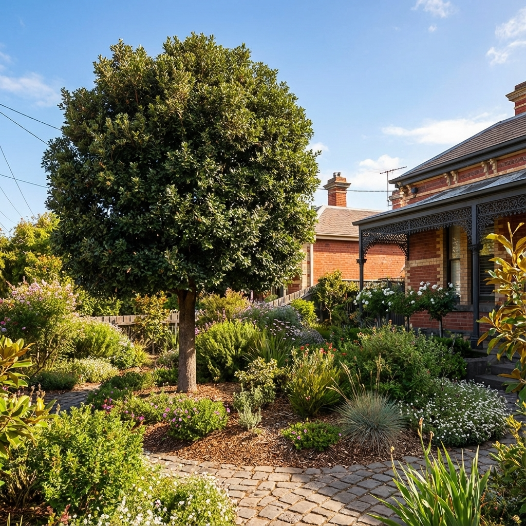 A lush garden with a stately Holly Oak (Quercus ilex) and shrubs enhances the front of a brick house with a decorative porch, bringing Mediterranean charm to the landscape.