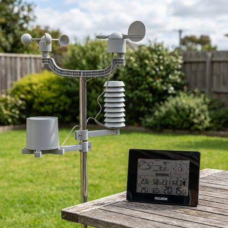 The Holman Aspect Wireless Data Centre Weather Station, featuring sensors and a digital display, sits on a wooden garden table to provide real-time indoor and outdoor weather monitoring.