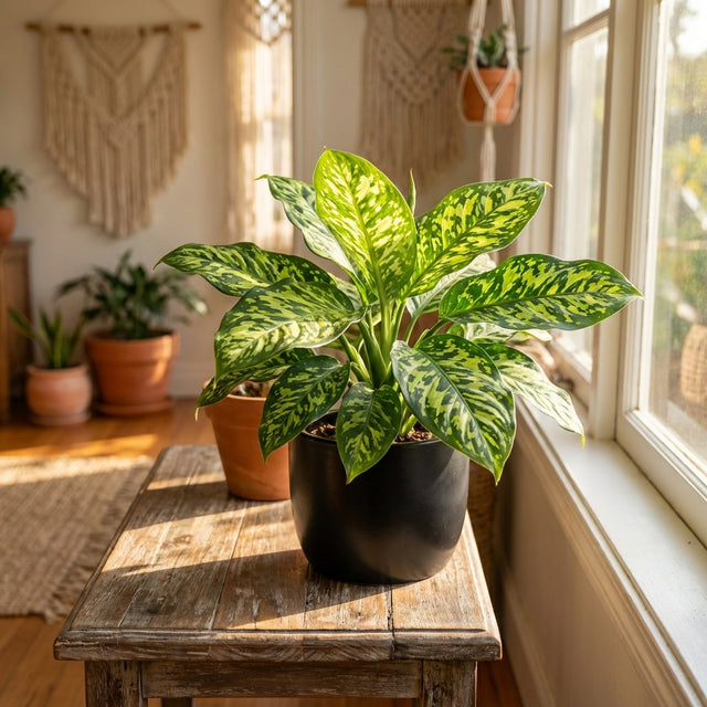 Homalomena ‘Camouflage’, a lush tropical plant, sits on a rustic wooden table near a sunny window in a cozy, boho-style room.