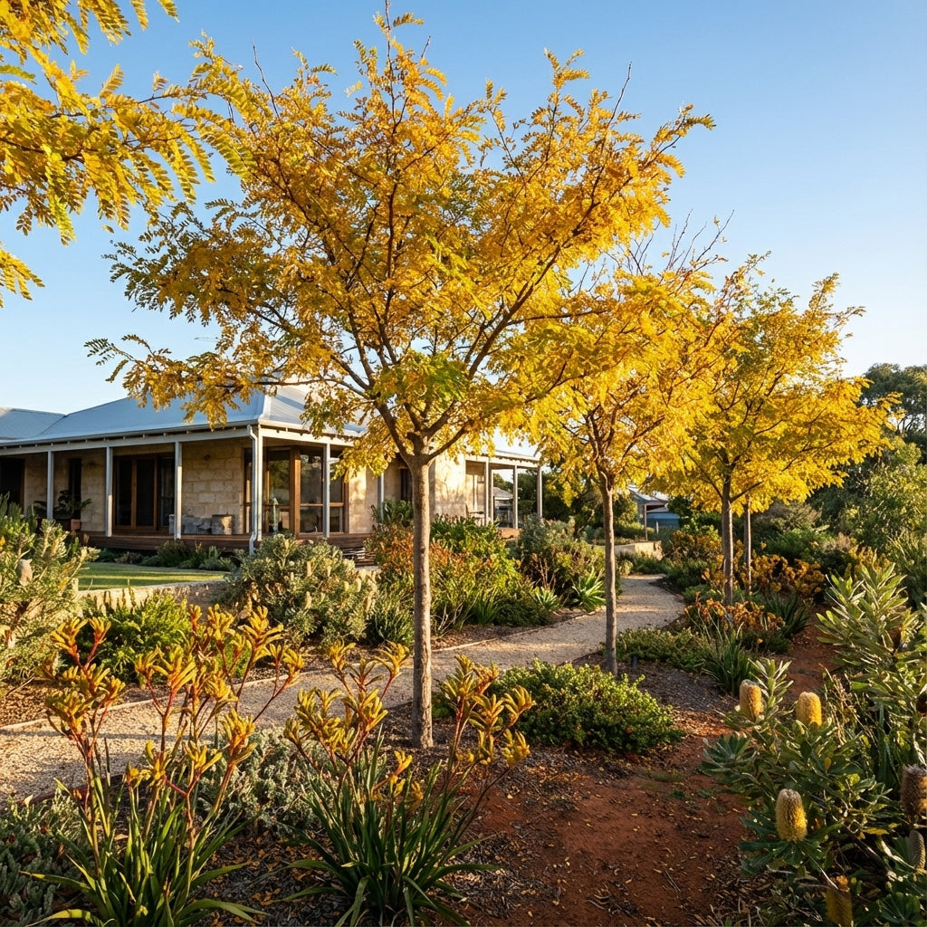A small house with a metal roof is surrounded by Honey Locust - Gleditsia ‘Shademaster’ trees and a lush garden, forming an inviting urban landscape beneath a clear sky.
