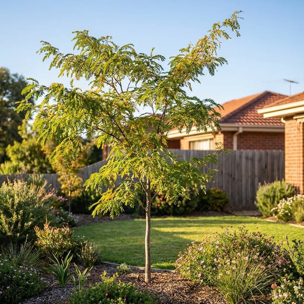 A young Honey Locust (Gleditsia triacanthos var. inermis ‘Elegantissima’), a graceful thornless tree, stands in a landscaped garden with lawns, shrubs, and brick houses in the background.