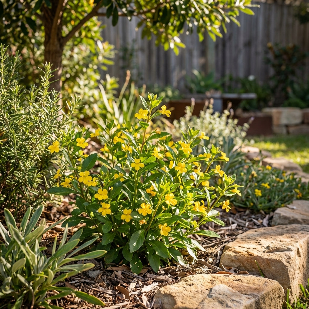 Hop Goodenia (Goodenia ovata) is a small Australian native shrub with yellow flowers that thrives among rocks in sunny, landscaped gardens.
